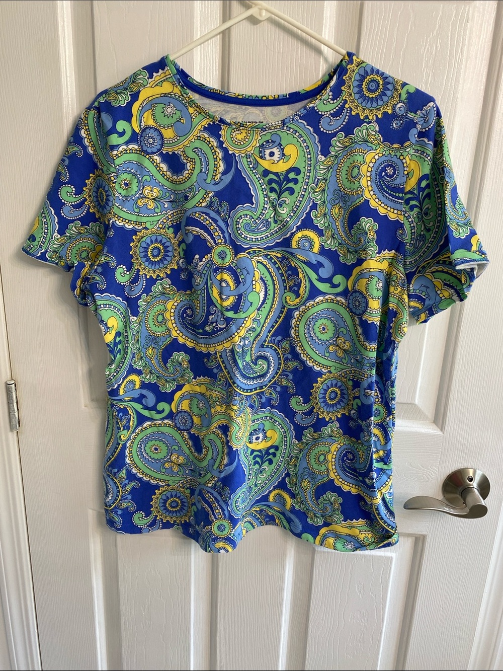 Talbots Blue Paisley Short Sleeve Tee with Green and Yellow Accents